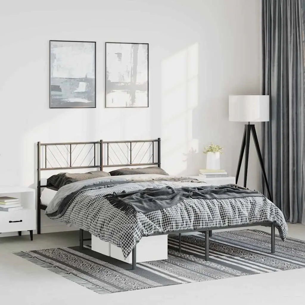 Metal Bed Frame Black 150x200 cm with Headboard and Under-bed Storage