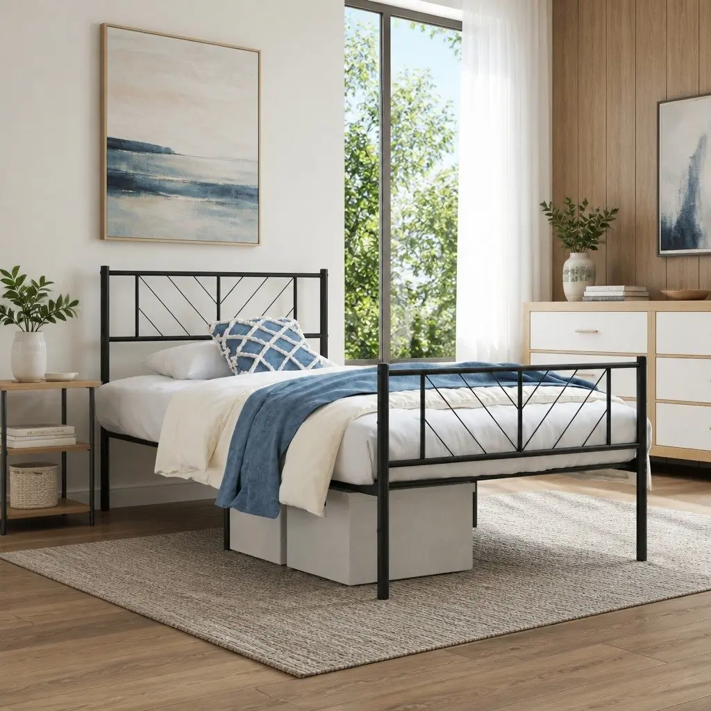 Metal Bed Frame Black King Single 107x203 cm Slatted Base with Footboard
