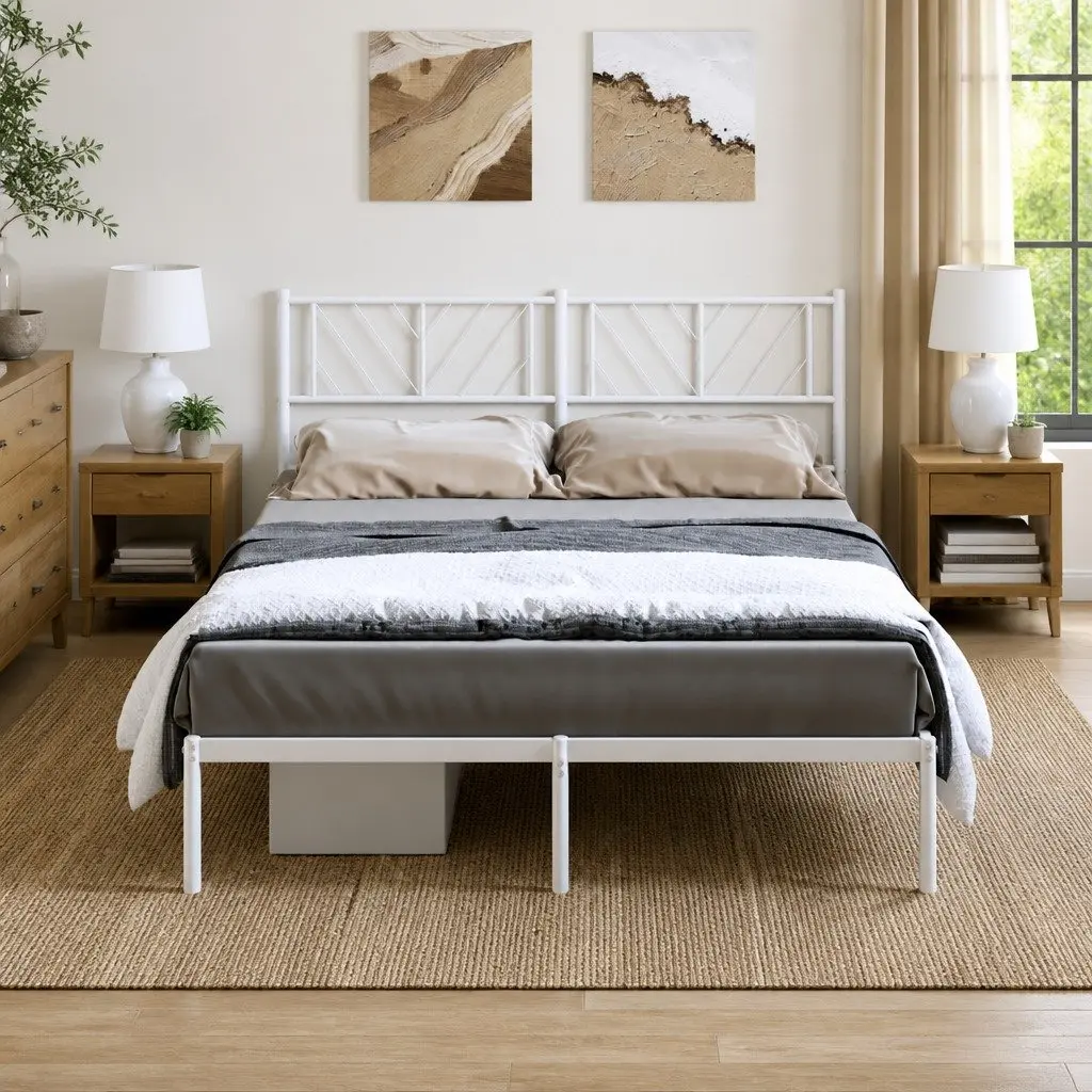 Metal Bed Frame White 150x200 cm Powder-Coated Steel Construction with Headboard and Under-Bed Storage