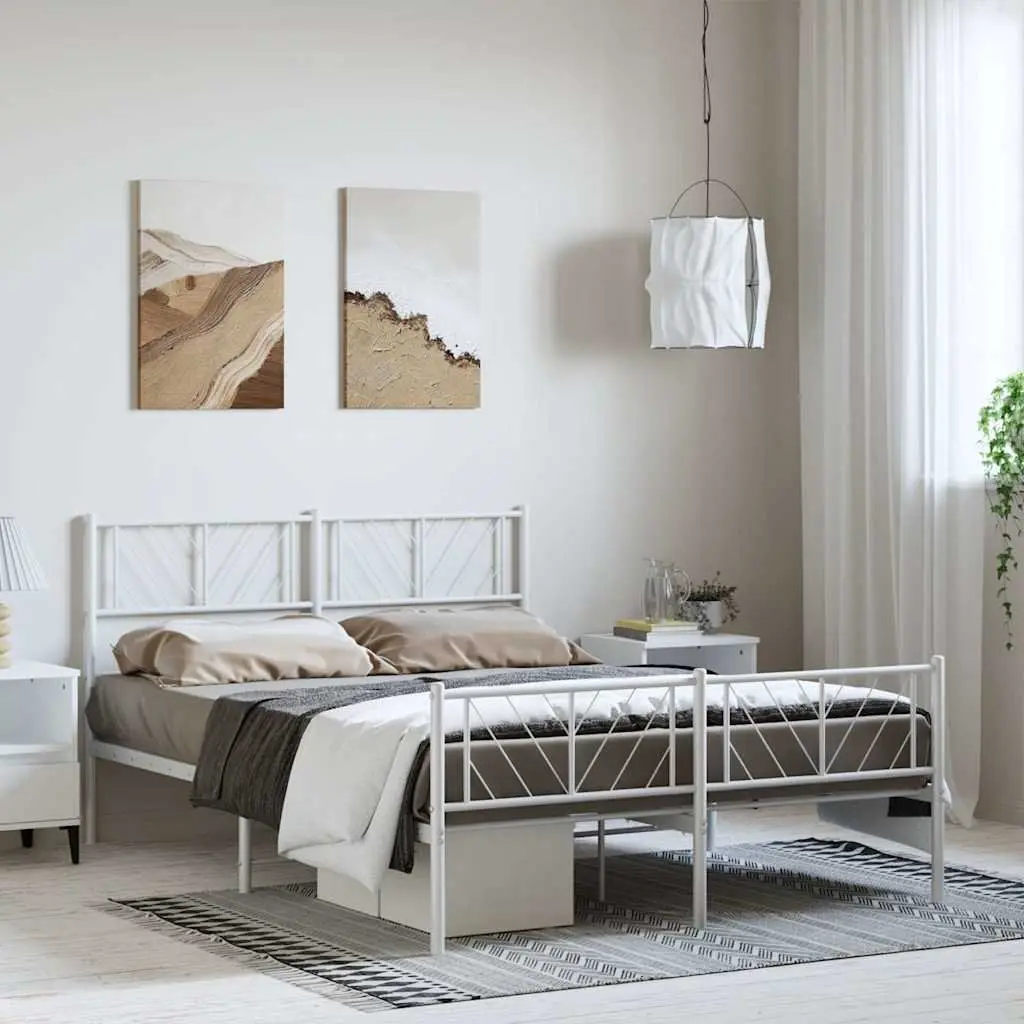 Metal Bed Frame White 150x200 cm Sturdy Construction with Headboard and Footboard