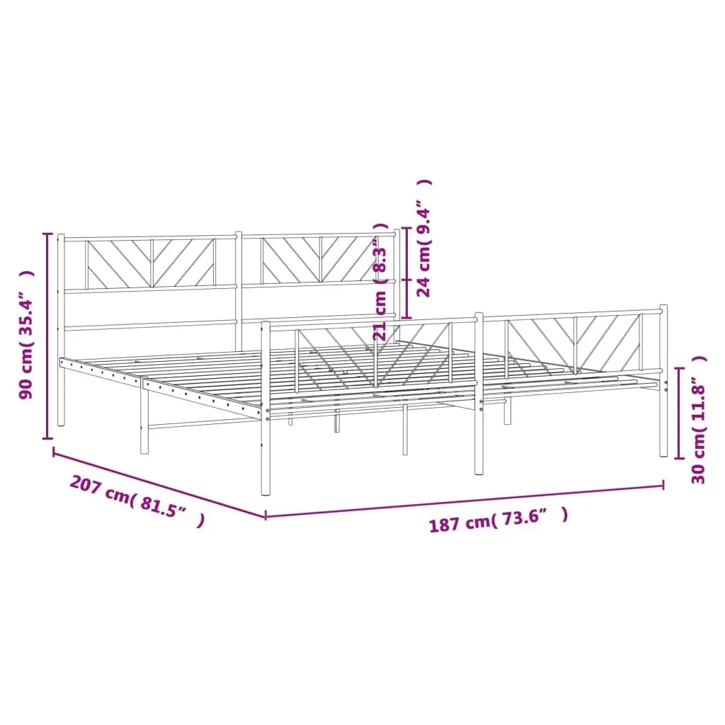 Metal Bed Frame White King 183x203cm Powder-Coated Steel Slatted Base with Headboard and Footboard