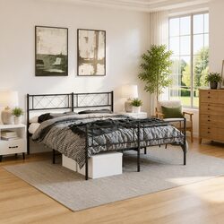 Metal Bed Frame with Footboard Black Bedroom Furniture Slatted Base 150x200cm