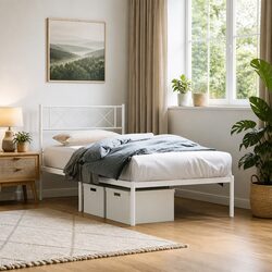 Metal Bed Frame King Single 107x203cm White Headboard Steel Slatted Base Support