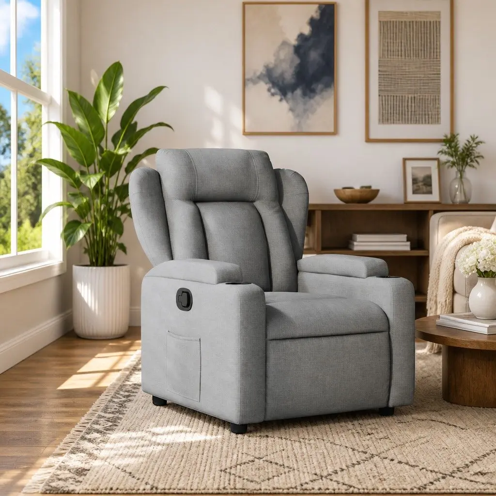 Recliner Chair Grey Fabric Manual Reclining Armchair with Cup Holders