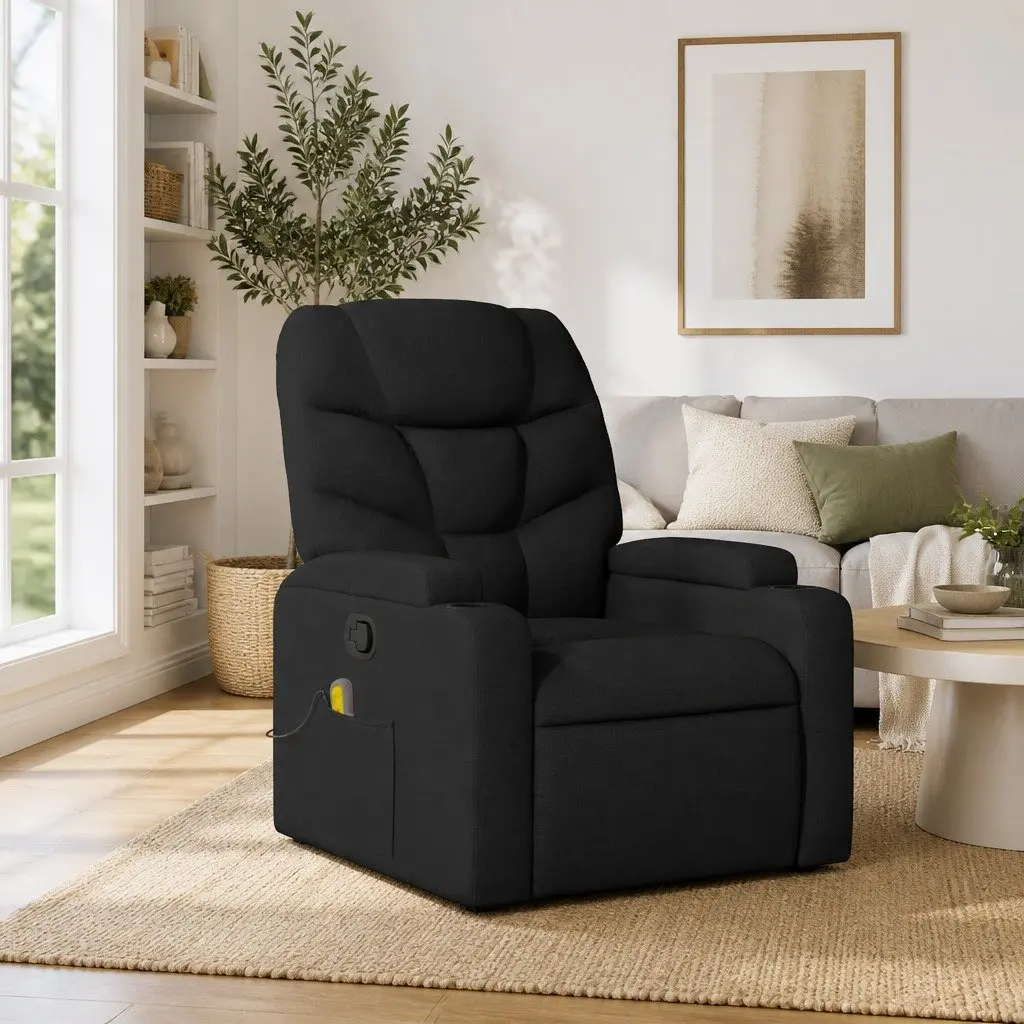 Reclining Massage Chair Black Fabric Manual Control Adjustable Footrest Vibration Massage
