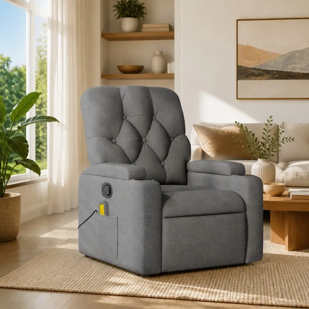 Massage Chair Manual Recline Grey Fabric Vibration Armchair Lounge 135 Degrees