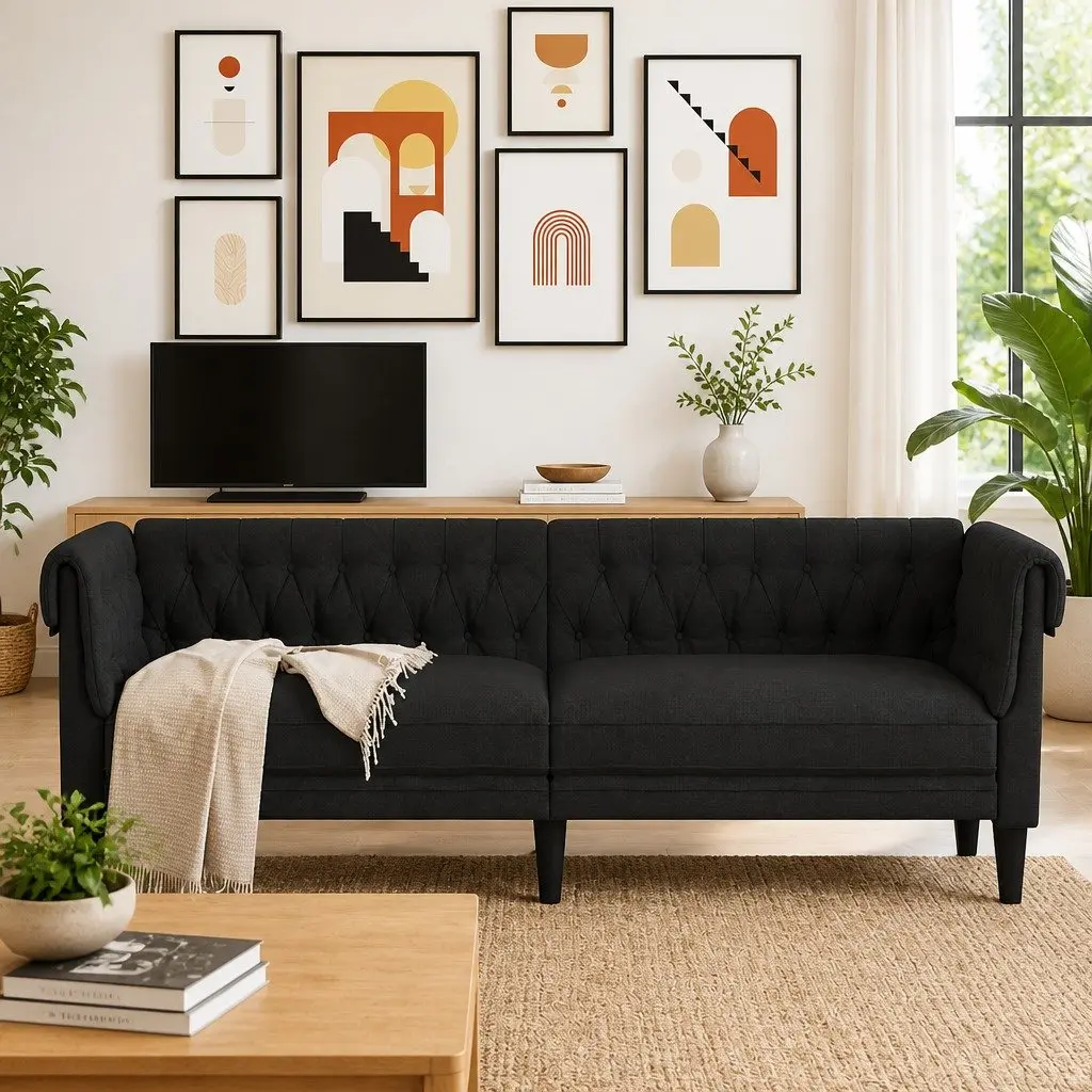 Chesterfield Sofa Black 3-Seater Rolled Arm Deep Backrest