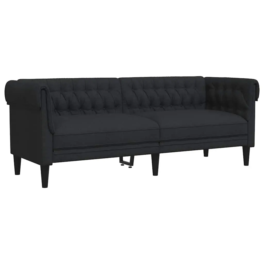 Chesterfield Sofa Black 3-Seater Rolled Arm Deep Backrest