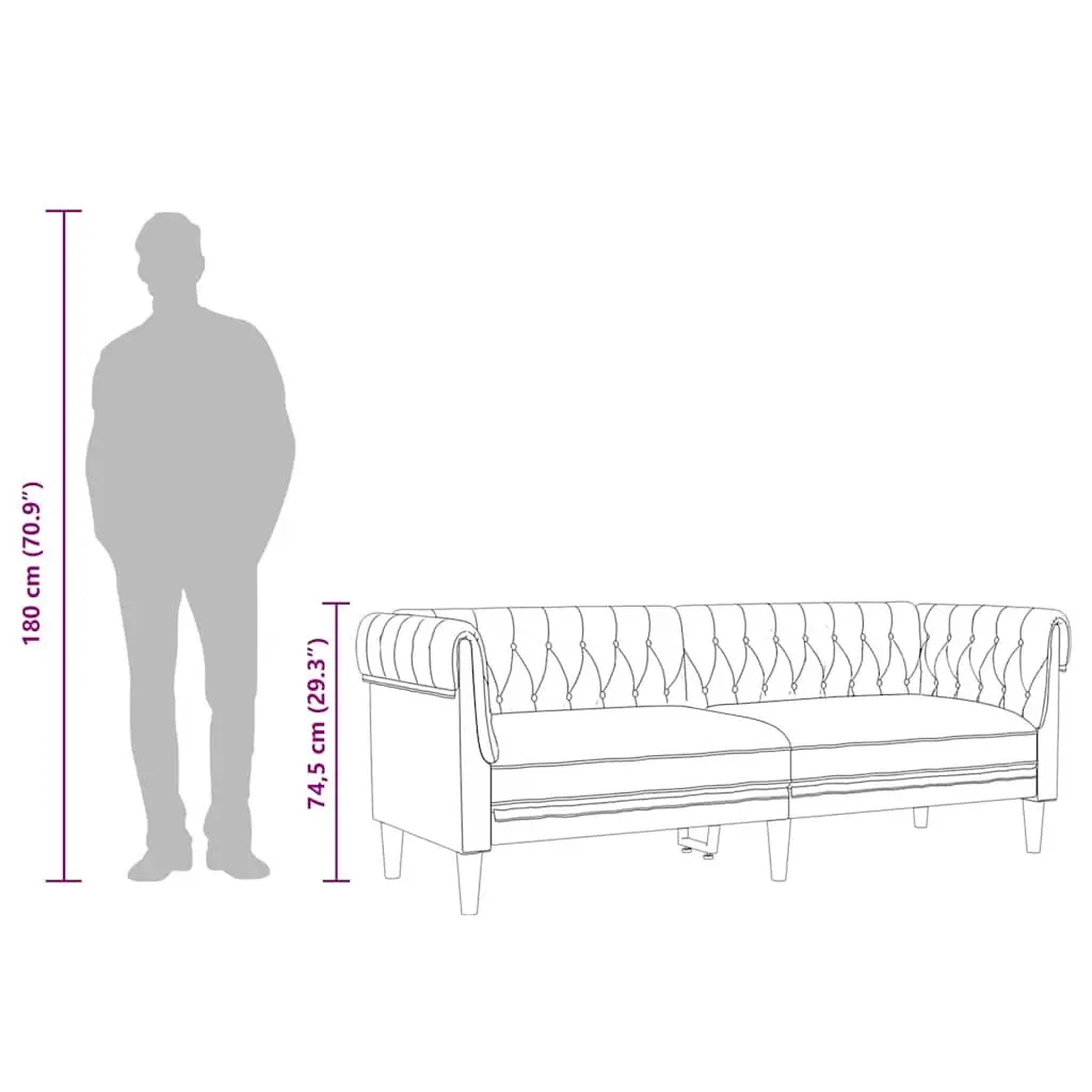 Chesterfield Sofa Black 3-Seater Rolled Arm Deep Backrest