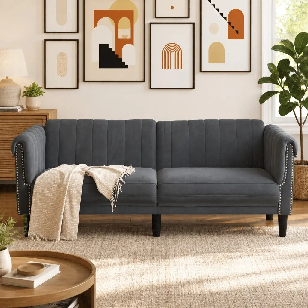 2-Seater Sofa Grey Velvet Living Room Couch Modern Comfortable Furniture