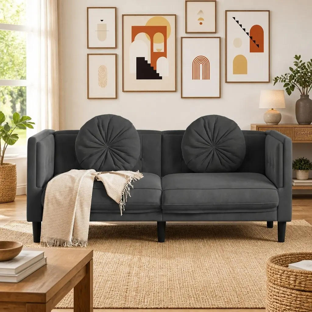 2-Seater Sofa Grey Velvet Cushions Living Room Furniture Couch Lounge Seat