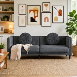 3-Seater Sofa Grey Velvet Cushions Living Room Couch Padded Armrests Backrest