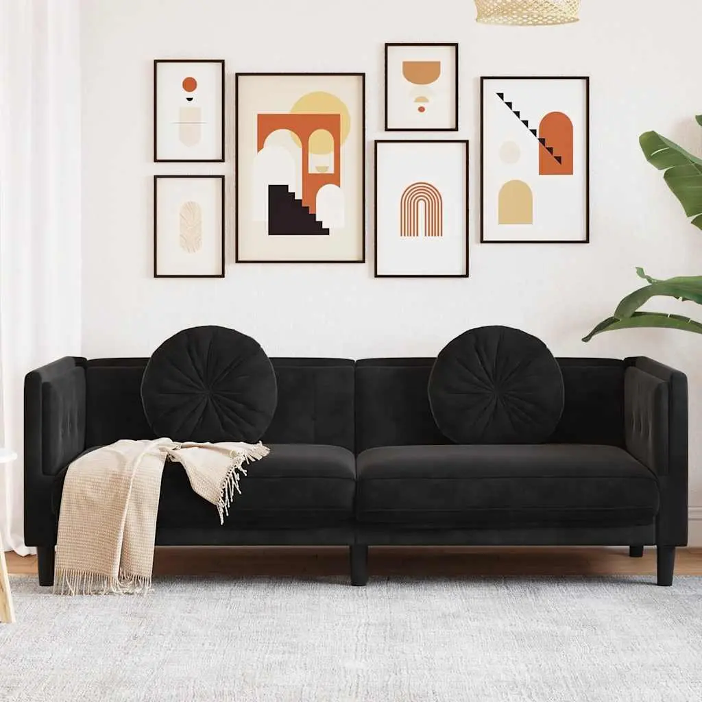 3-Seater Sofa Black Velvet Living Room Couch Comfortable Padded Seat Armrests