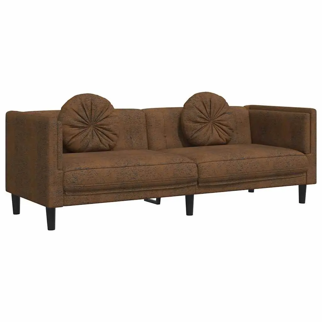 3-Seater Sofa Brown Faux Suede Leather Living Room Couch Padded Armrests