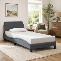 Compact Grey Bed Frame with Velvet Headboard
