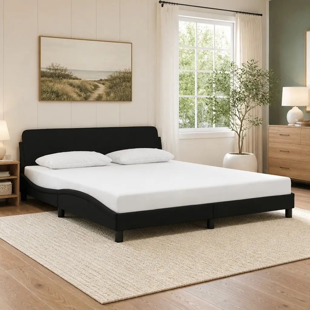 King Bed Frame Black 180x200 cm Velvet Upholstery Slat Base