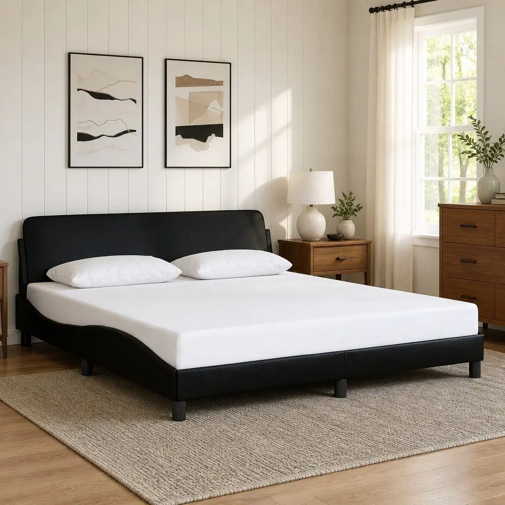 King Bed Frame 180x200 cm Black Faux Leather Headboard Bedroom Furniture