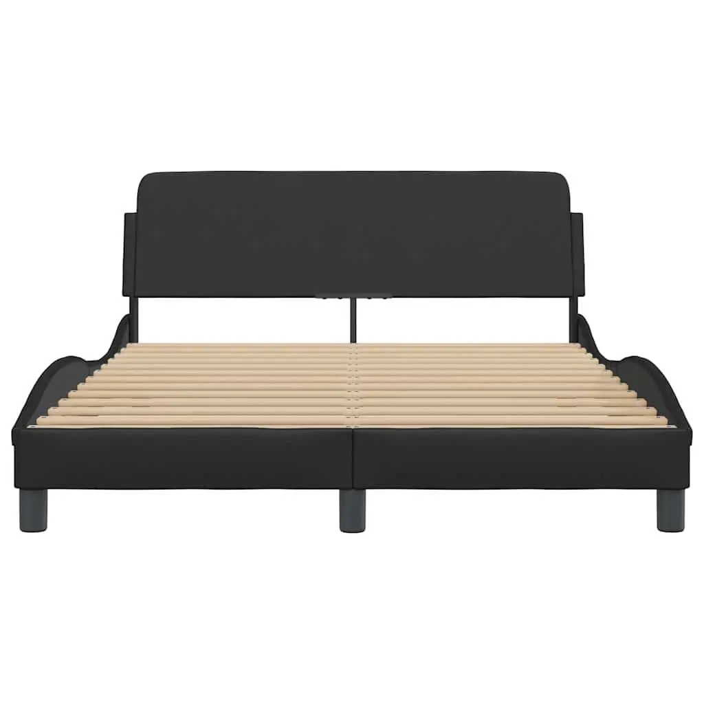 Double Bed Frame Black Faux Leather Padded Headboard Sturdy Legs Plywood Slats