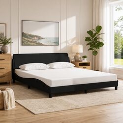 Queen Bed Frame Black Fabric Headboard Bedroom Furniture with Plywood Slats