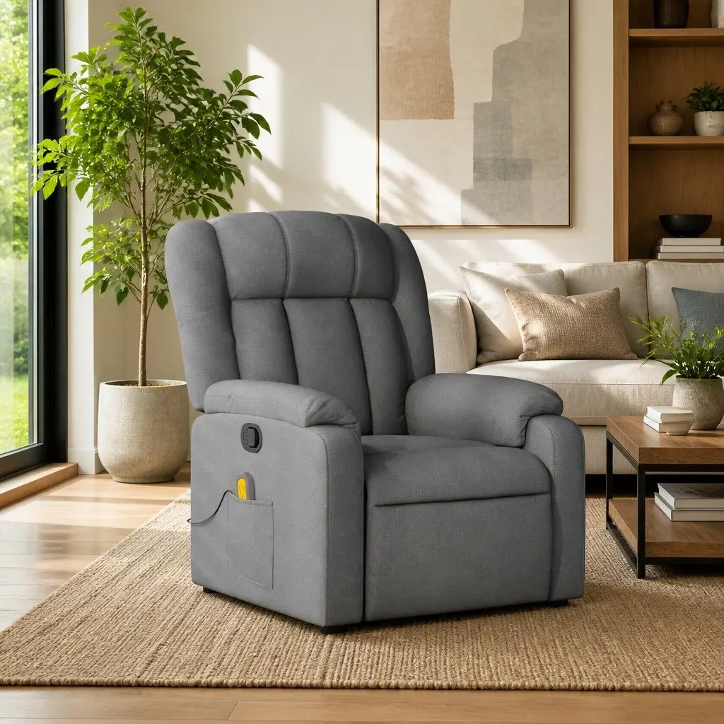 Massage Recliner Chair Grey Fabric Manual Recline 6 Point Vibration