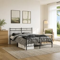 Metal Bed Frame 135x190 cm Black Footboard Bedroom Furniture Slats Legs