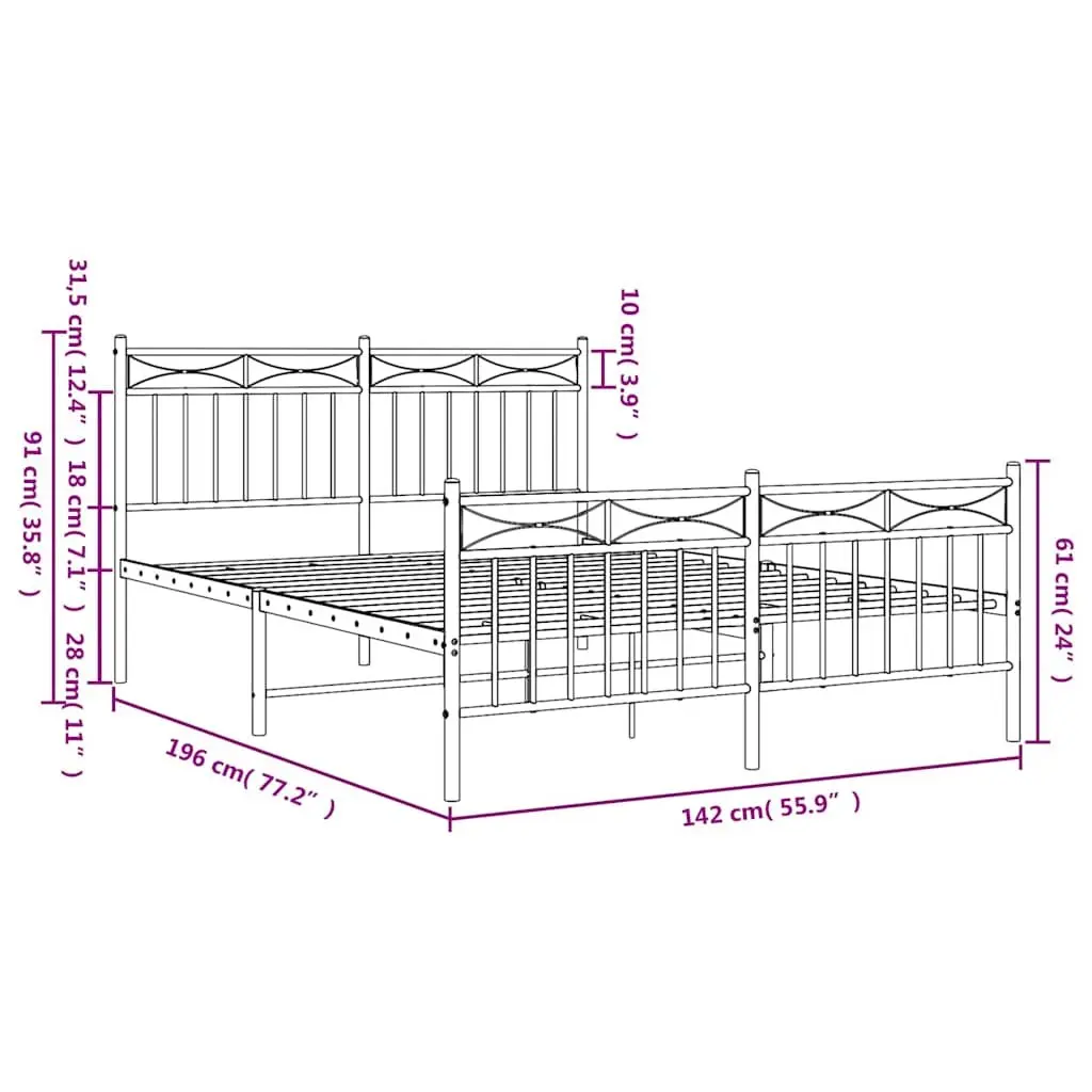 Metal Bed Frame Black 135x190 cm Powder-coated Steel Construction Integrated Headboard Footboard