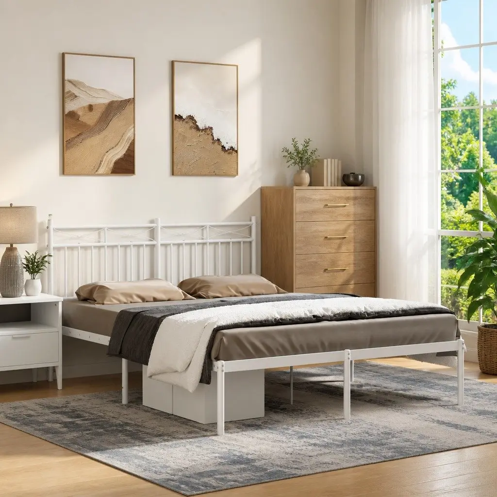 Metal Bed Frame White 135x190 cm with Headboard Steel Slats Support