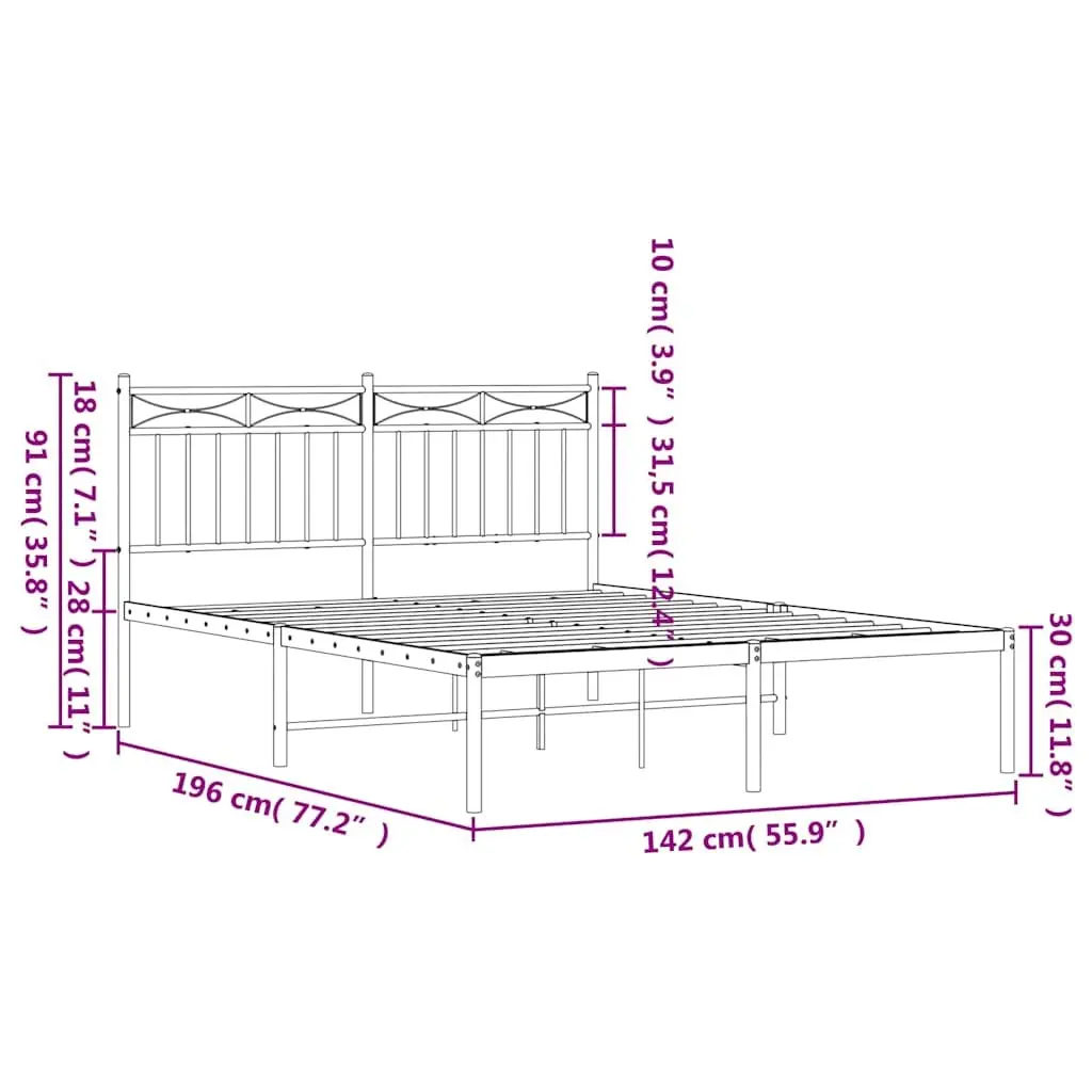 Metal Bed Frame White 135x190 cm with Headboard Steel Slats Support