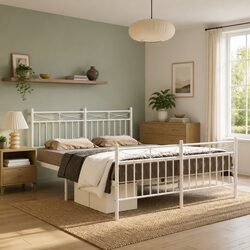 Metal Bed Frame 135x190 cm with Footboard Headboard White Steel Bedroom