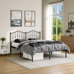 Compact Black Metal Bed Frame 135x190 cm with Supportive Headboard