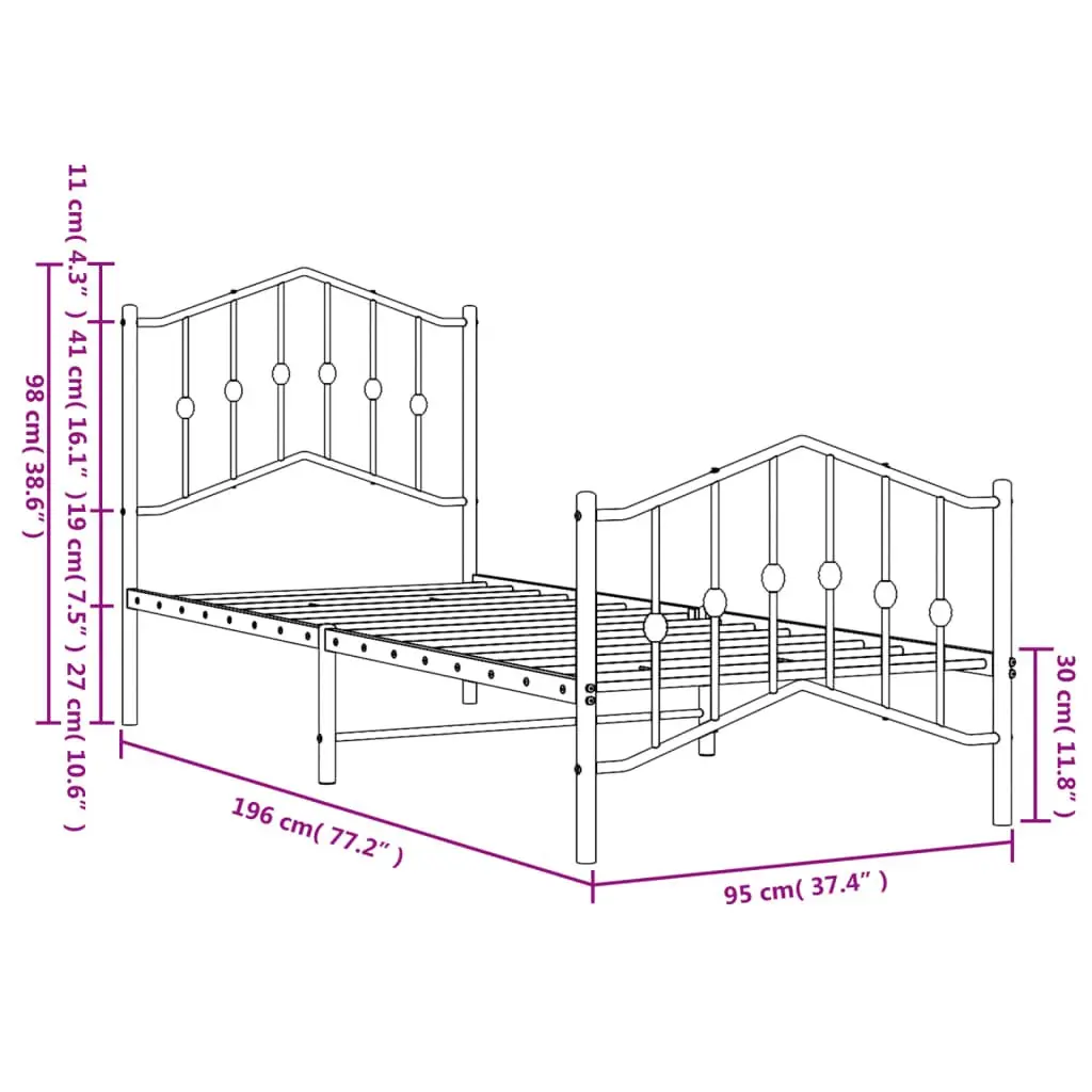 Metal Bed Frame Black 90x190 cm Sturdy Construction with Headboard and Footboard