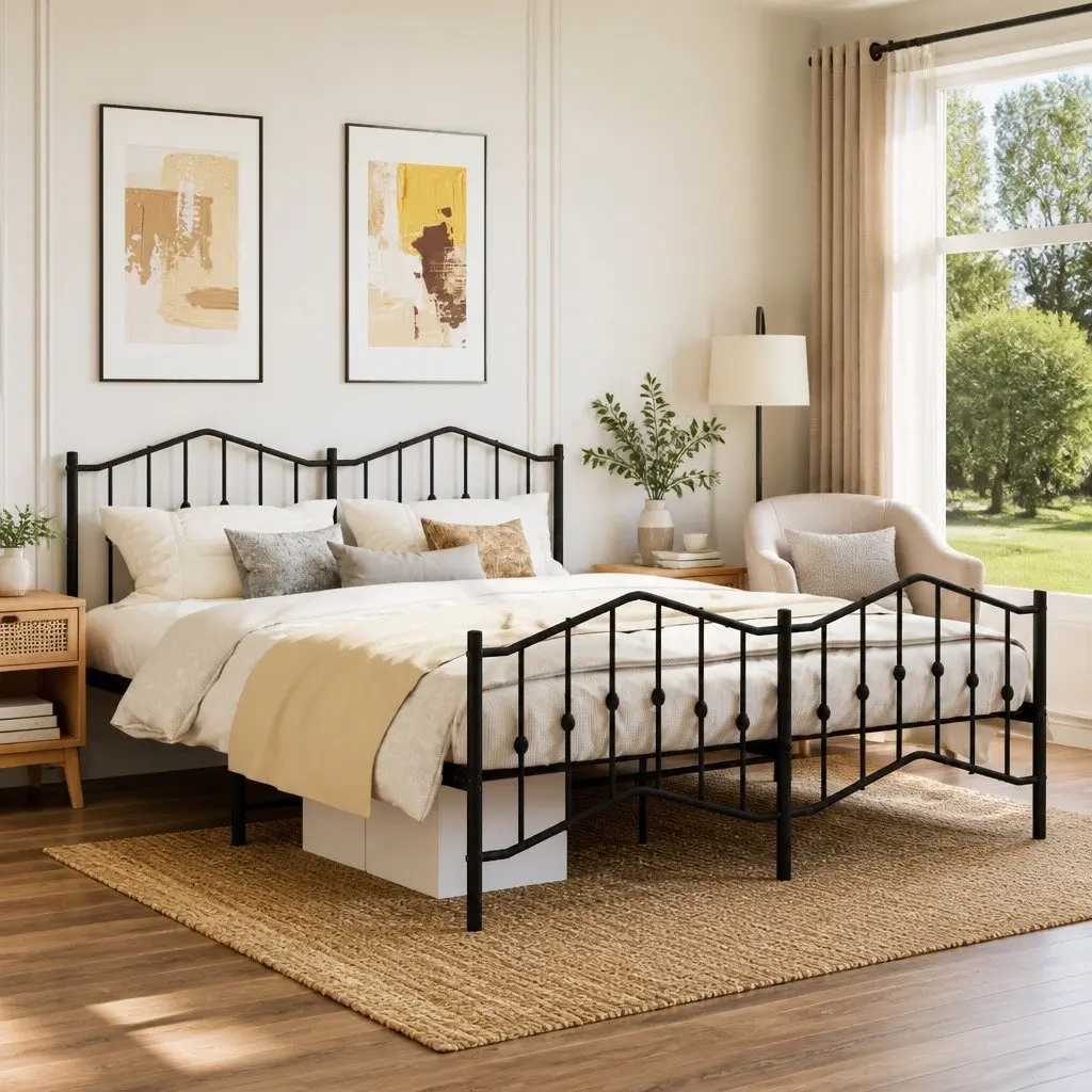 Metal Bed Frame Black King Size with Footboard and Headboard