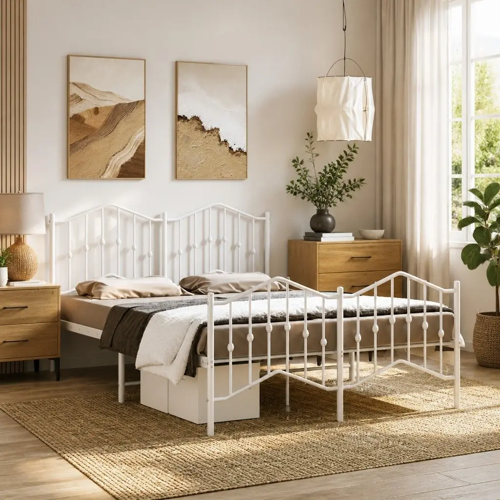White Metal Bed Frame 135x190 cm with Headboard
