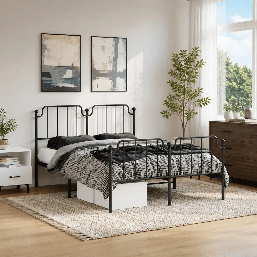 Metal Bed Frame Black 135x190 cm Robust Powder-coated Steel with Headboard Footboard