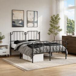 Metal Bed Frame 135x190 cm Bedroom Furniture Black with Footboard Headboard