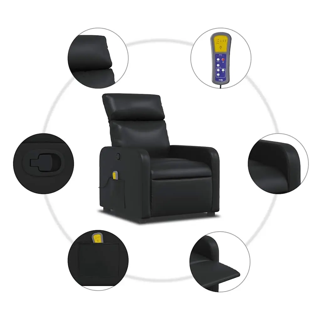 Manual Reclining Massage Chair Black Faux Leather 135 Degrees 6 Massage Points Side Pocket