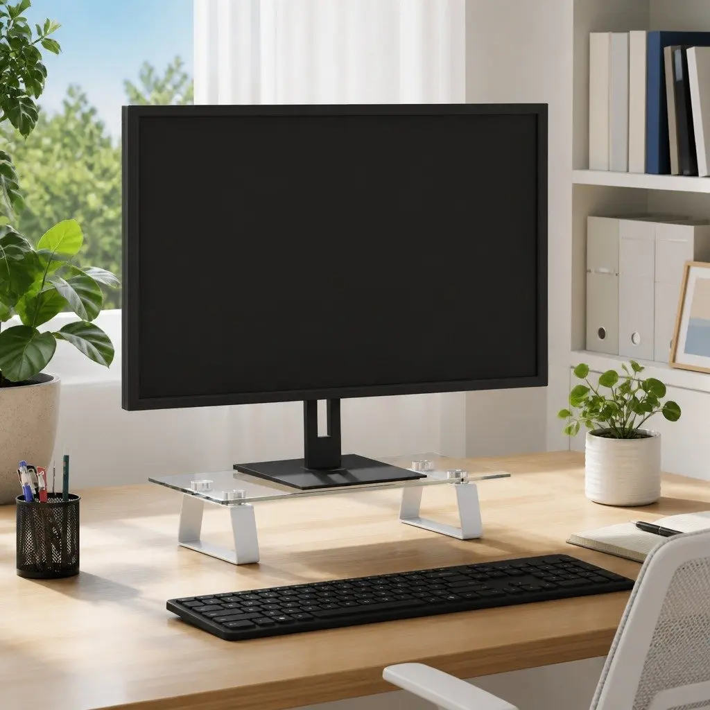White Monitor Stand for Improved Viewing Comfort
