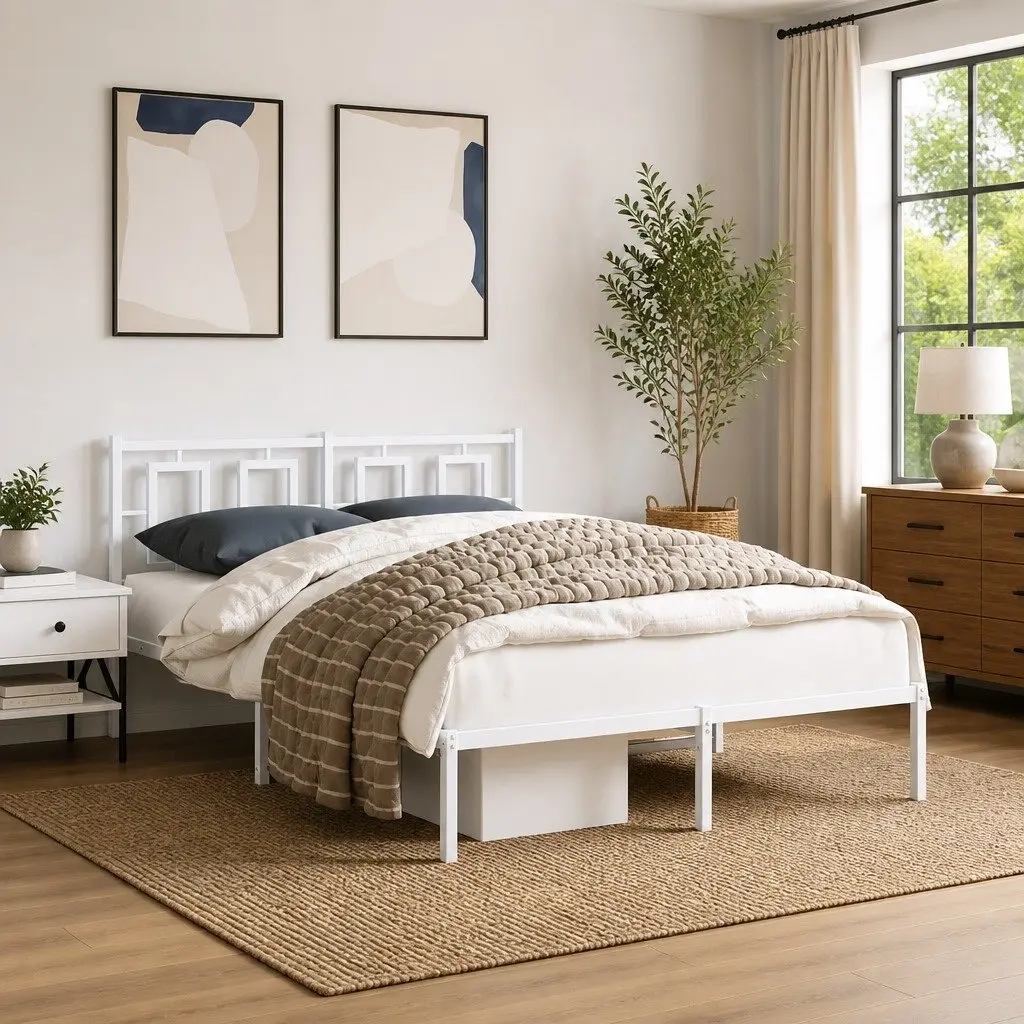 Metal Bed Frame White 135x190 cm with Headboard Slatted Base