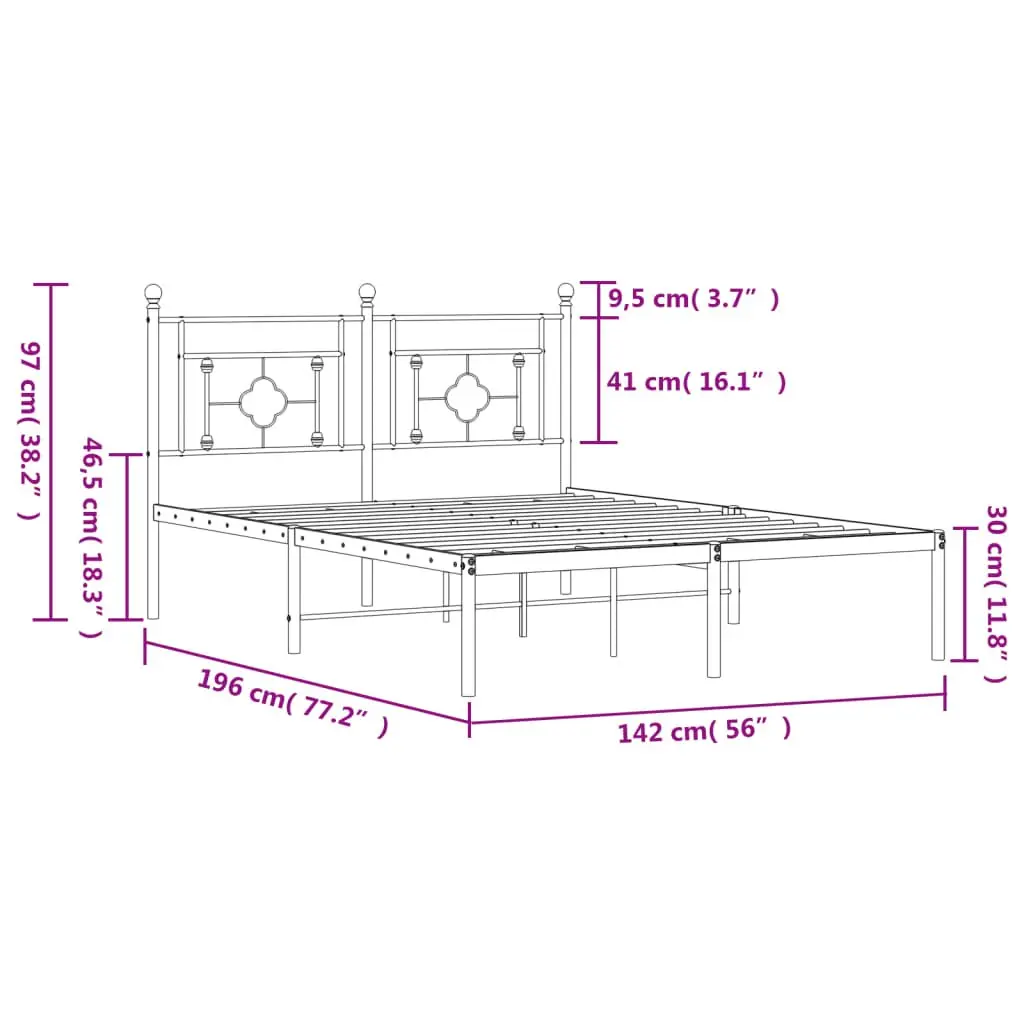 Black Metal Bed Frame 135x190cm with Slatted Base and Headboard for Bedroom