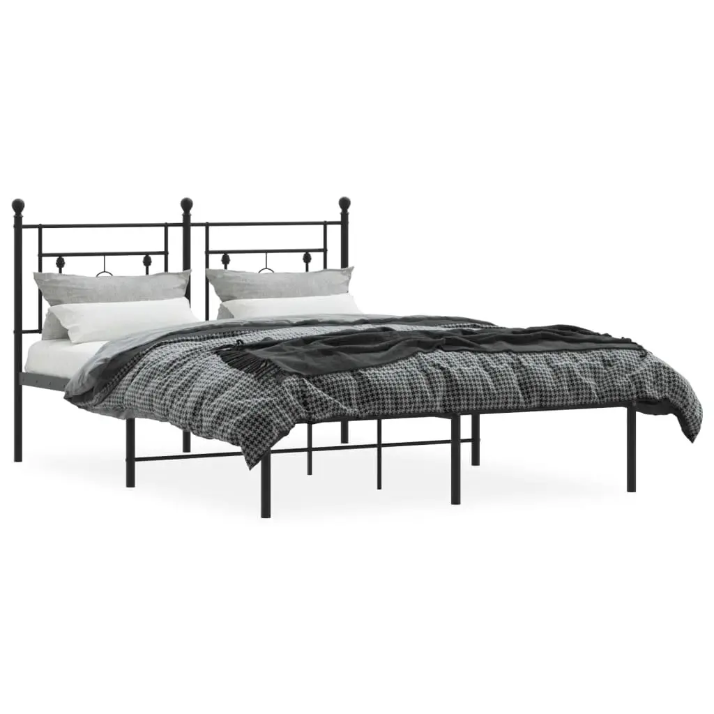 Black Metal Bed Frame 135x190cm with Slatted Base and Headboard for Bedroom
