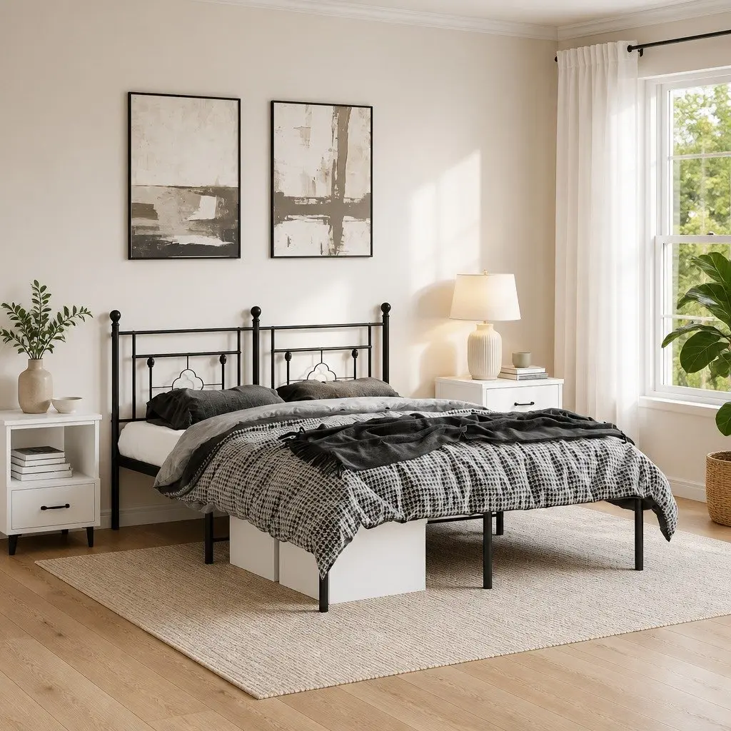 Metal Bed Frame Black 150x200 cm with Headboard Steel Construction