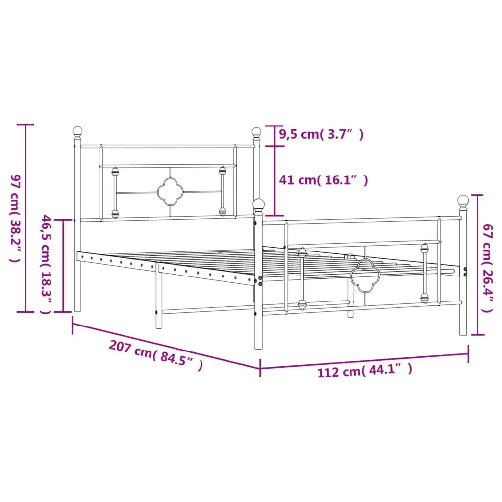 Metal Bed Frame Black King Single 107x203 cm with Footboard and Under-bed Storage