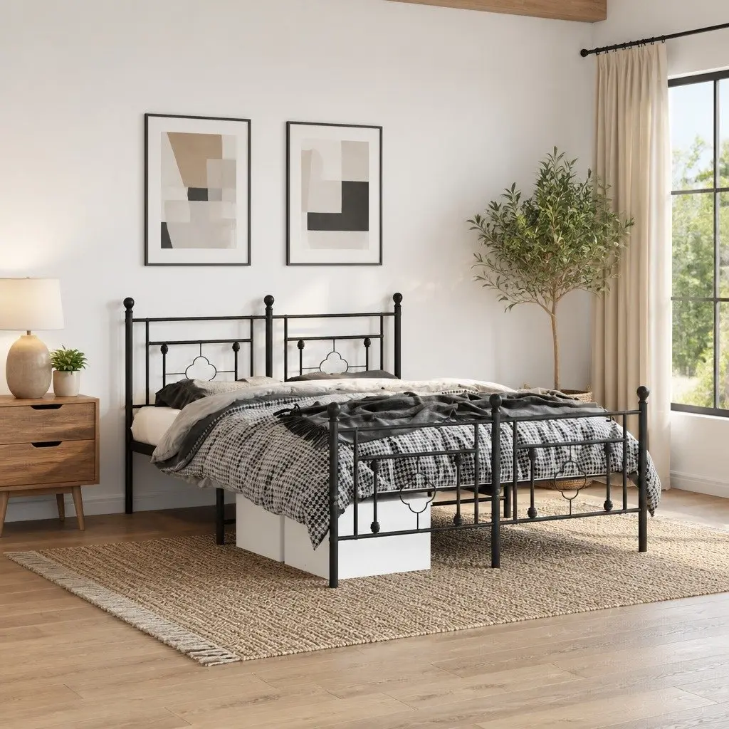 Metal Bed Frame 150x200 cm with Footboard Headboard Black Bedroom Furniture