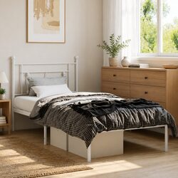 Metal Bed Frame with Headboard in White - 90 x 190 cm