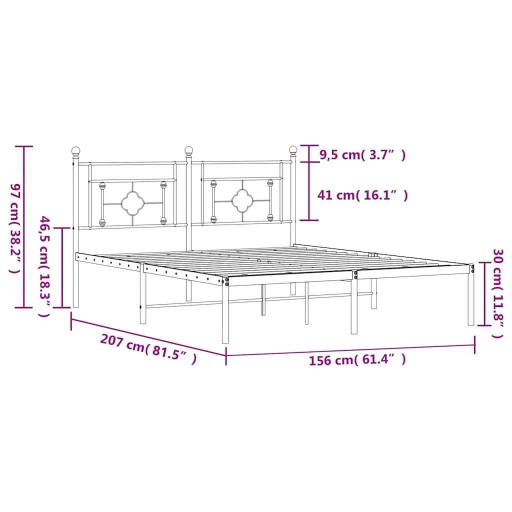 Metal Bed Frame White 150x200 cm Sturdy Powder-Coated Steel with Headboard Slatted Base