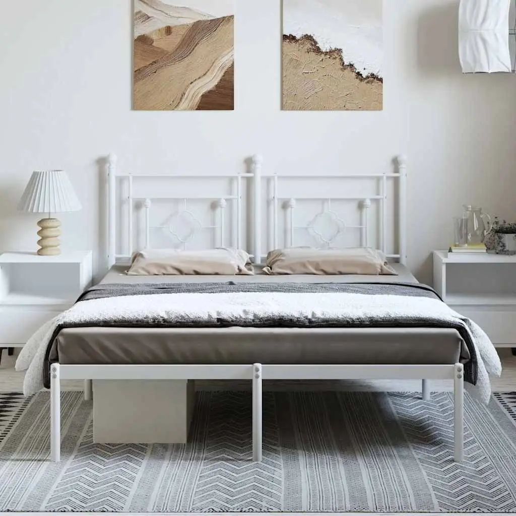 Metal Bed Frame White 150x200 cm Sturdy Powder-Coated Steel with Headboard Slatted Base