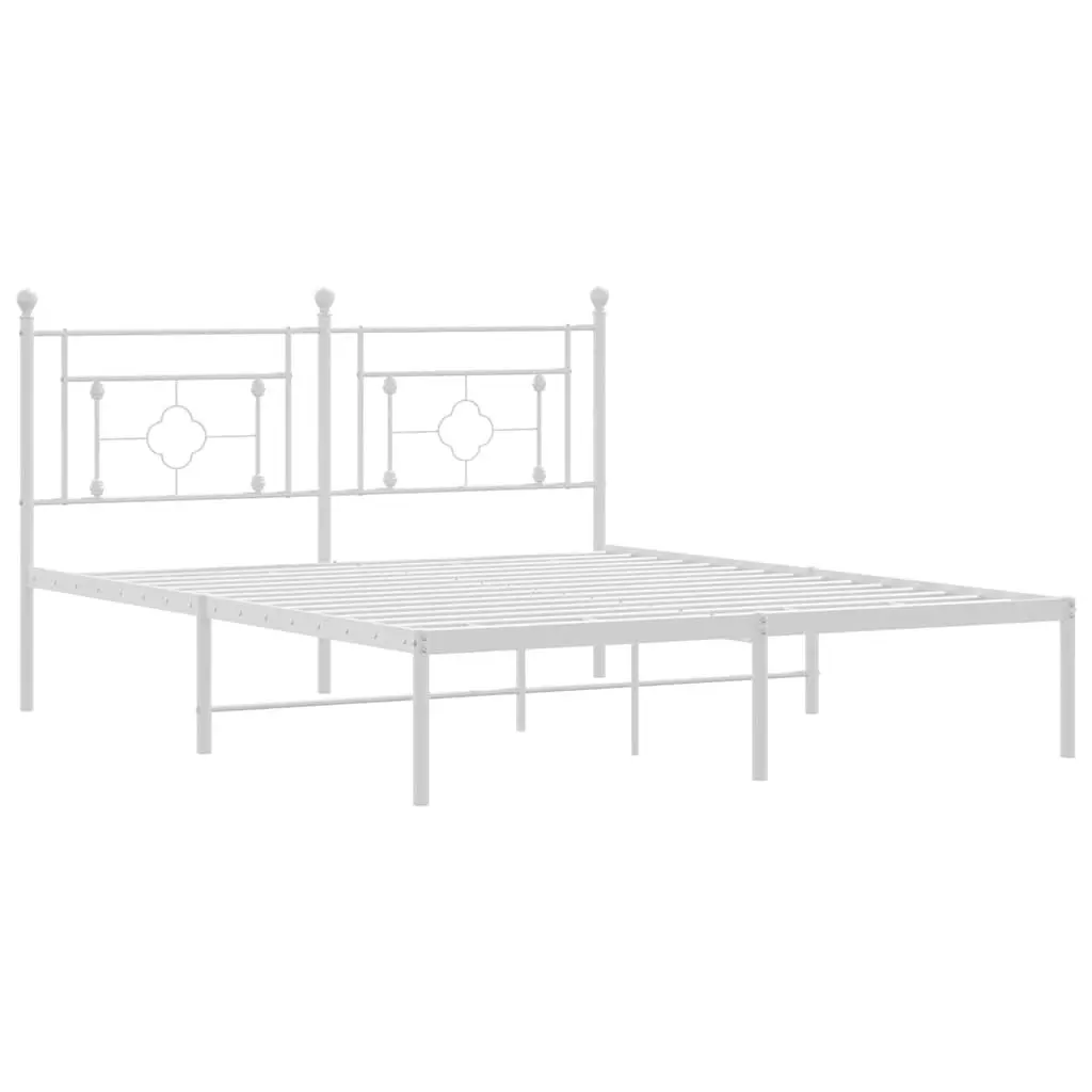 Metal Bed Frame White 150x200 cm Sturdy Powder-Coated Steel with Headboard Slatted Base