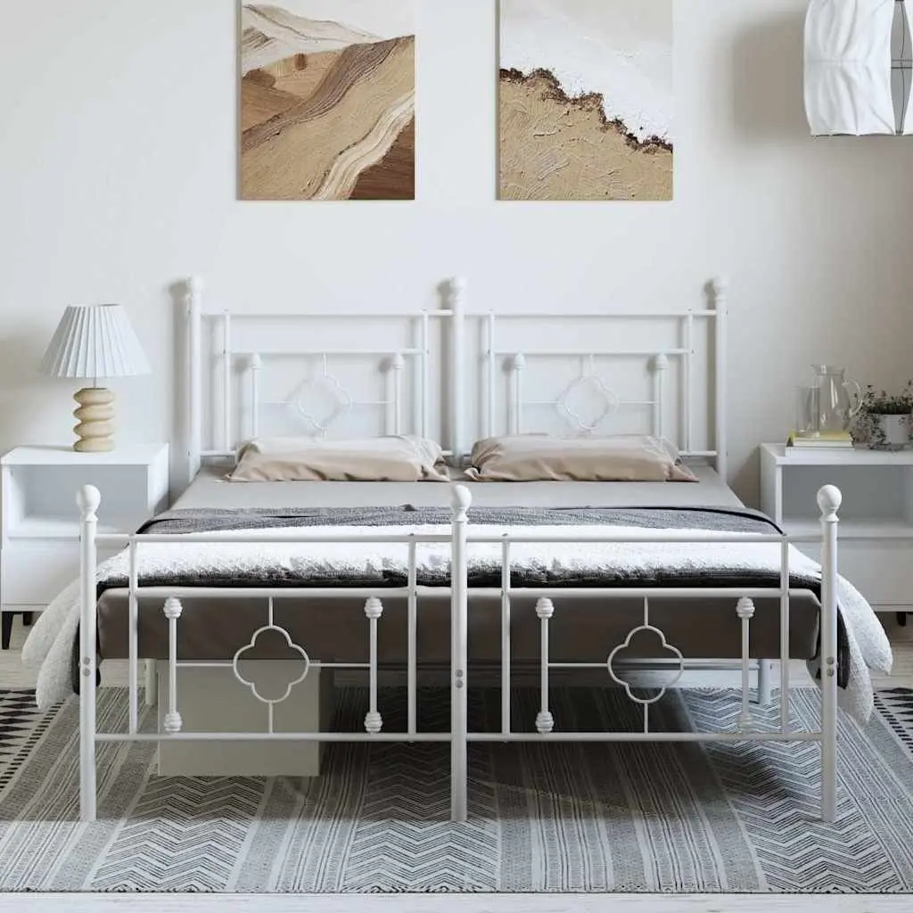 Metal Bed Frame White 150x200cm Slatted Base with Headboard and Footboard