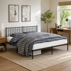 Metal Bed Frame King 183x203cm Black with Headboard Slatted Base Bedroom