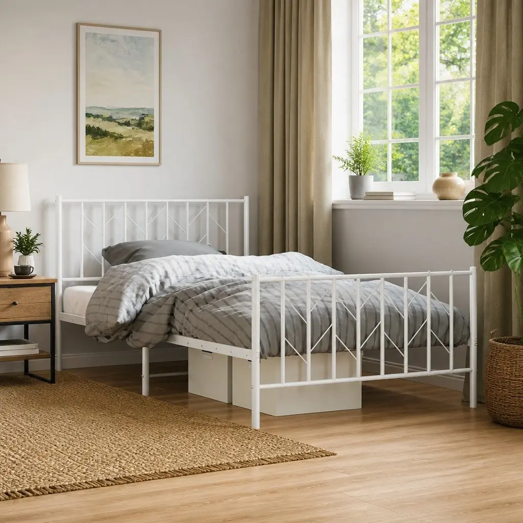 Metal Bed Frame White King Single 107x203cm with Footboard Slatted Base